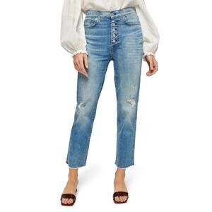 7 For All Mankind 'Distressed' Blue High Waist Exposed Button Fly Crop Denim